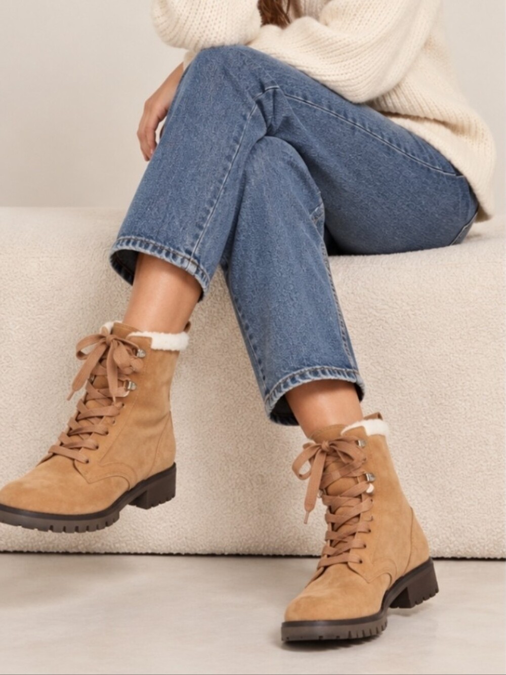 KATE SPADE Tan Raegan Shearling Lined Lace Up Combat Boots